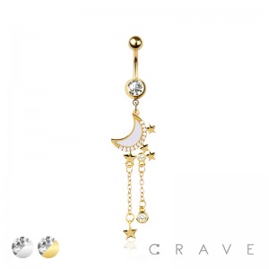 316L SURGICAL STEEL OPAL MOON MULTI CZ CHAIN STAR DANGLE BELLY BUTTON NAVEL RING 